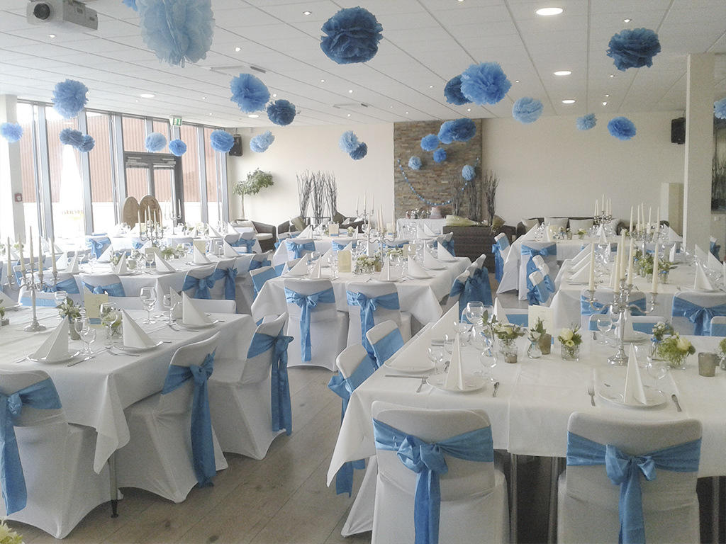 Westpress Arena Hamm - VIP-Raum, eingedeckt in blau/weiß für eine Hochzeit.